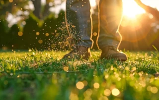 a person spreading organic fertilizer on a lush green lawn in lenexa.