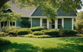 lush, beautifully manicured green lawn stretching in front of a cozy suburban home under clear blue skies.