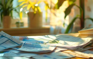 a homeowner carefully comparing different lawn care companies in lenexa, with brochures, service reviews, and contract documents spread out on a table.